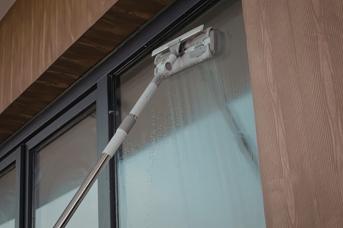 Telescopic squeegee pole cleaning an exterior window